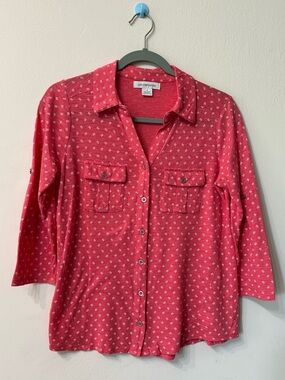 Liz Claiborne Red Geometric Collared Knit Button-Up 3/4 Sleeve Blouse S